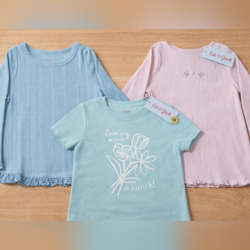 Cat & Jack Toddler Girls Top Bundle 2T 3T Ribbed Long Sleeve Graphic Tee NWT